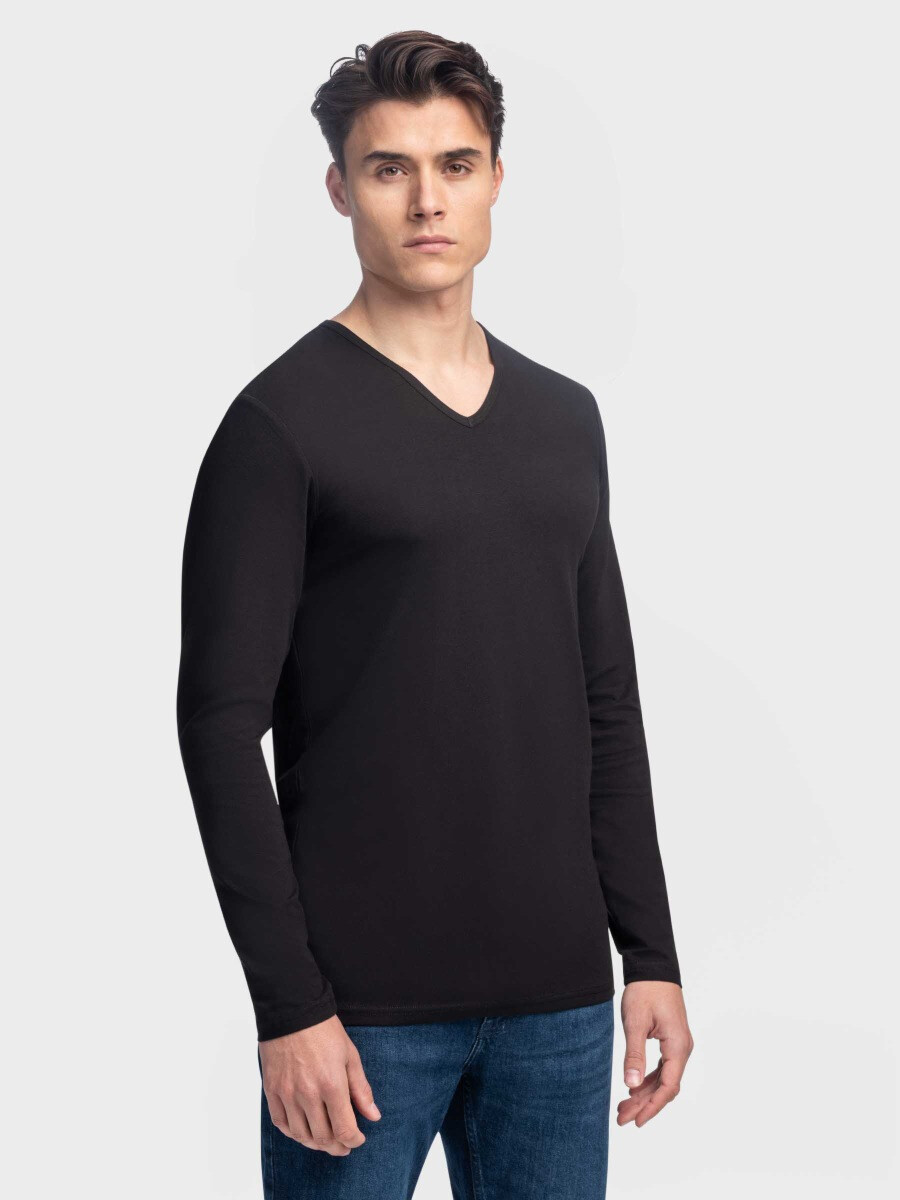 Extra Lang Longsleeve T-shirt Oslo Heren Zwart V-hals Slim van Girav 95% katoen 5%