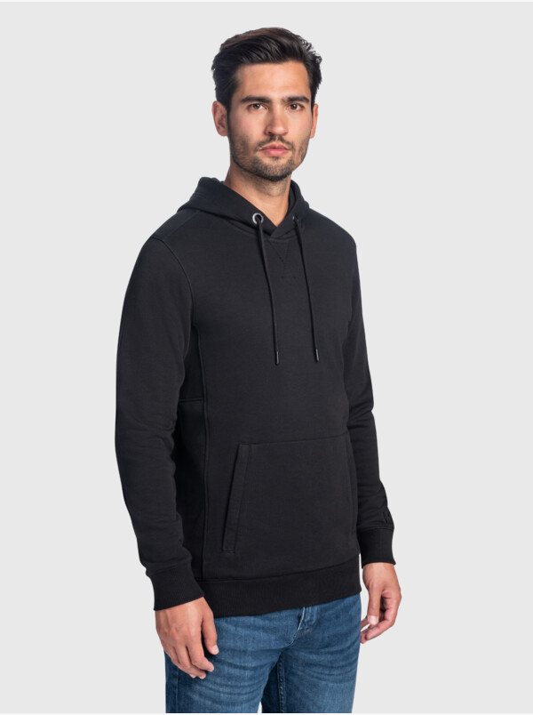 Girav Harvard long black regular fit hoodie for men. Has a belly pouch with two stainless steel YKK zippers on the sides.