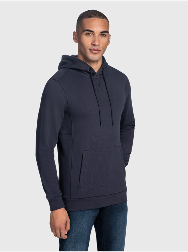 Girav Harvard long navy regular fit hoodie for men. Has a belly pouch with two stainless steel YKK zippers on the sides.