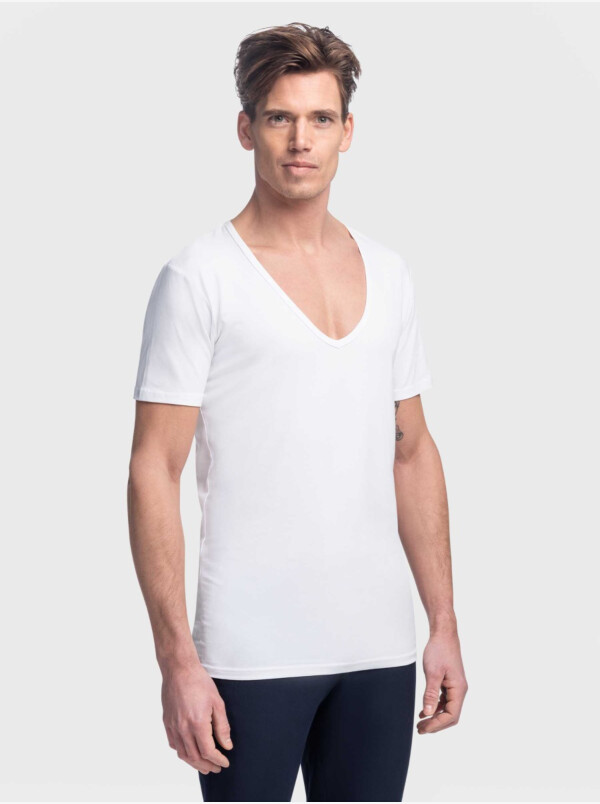 Girav Milano long white slim fit stretch deep V-neck men's T-shirt