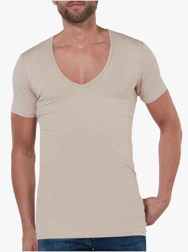 Girav Milano long white slim fit stretch deep V-neck men's T-shirt