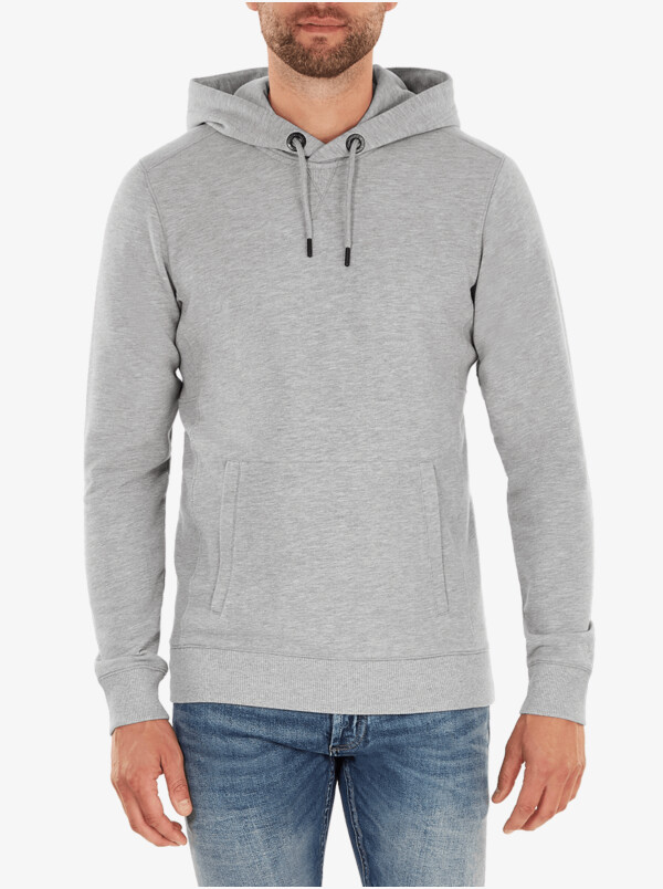 Girav Harvard long grey melange regular fit hoodie for men. Has a belly pouch with two stainless steel YKK zippers on the sides.